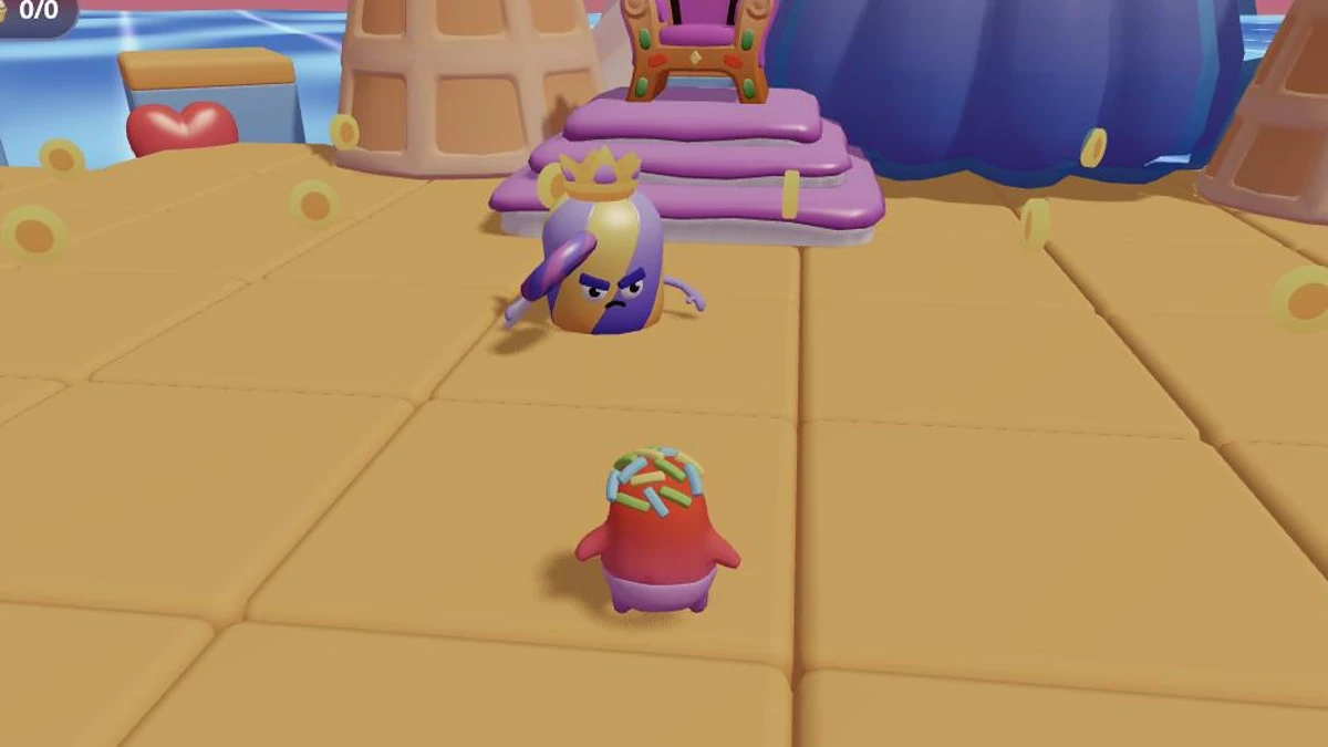 Sweet Land Adventure: the player character faces the scowling Candy King, crown on his head and lollipop staff in hand, in front of his throne.