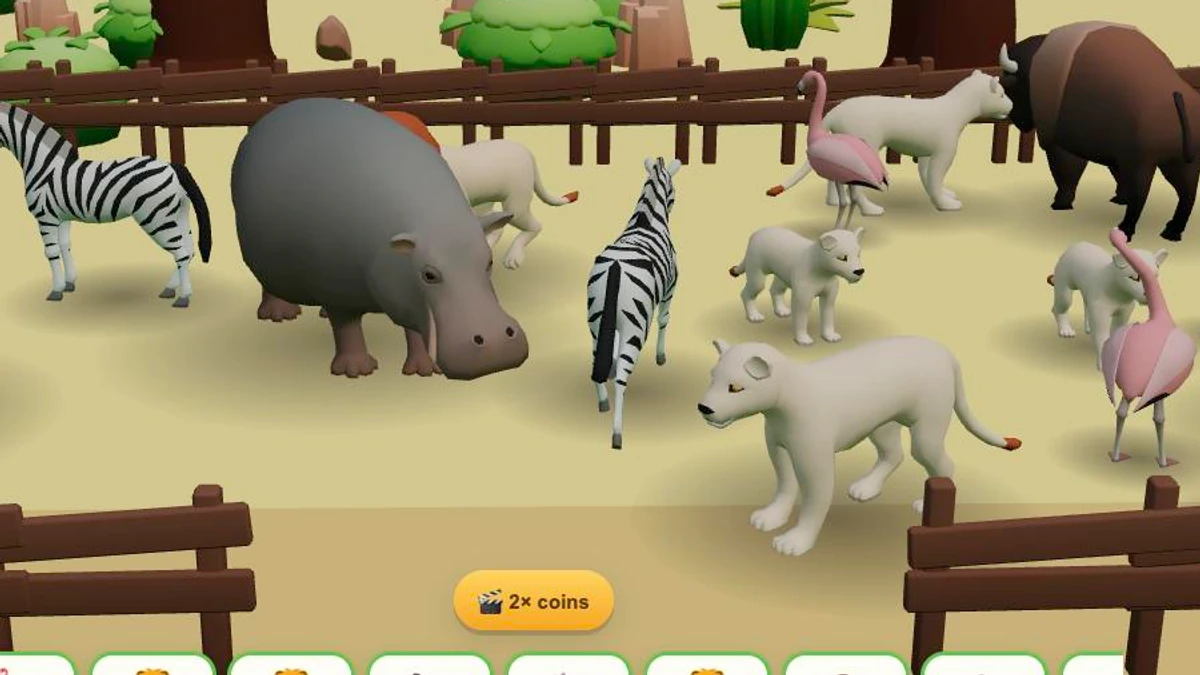 Tiny Zoo: a savanna pen holding lions, a hippo, zebras, an elephant, a bison and flamingos, with the coin counter above and a rail of animal cards below.