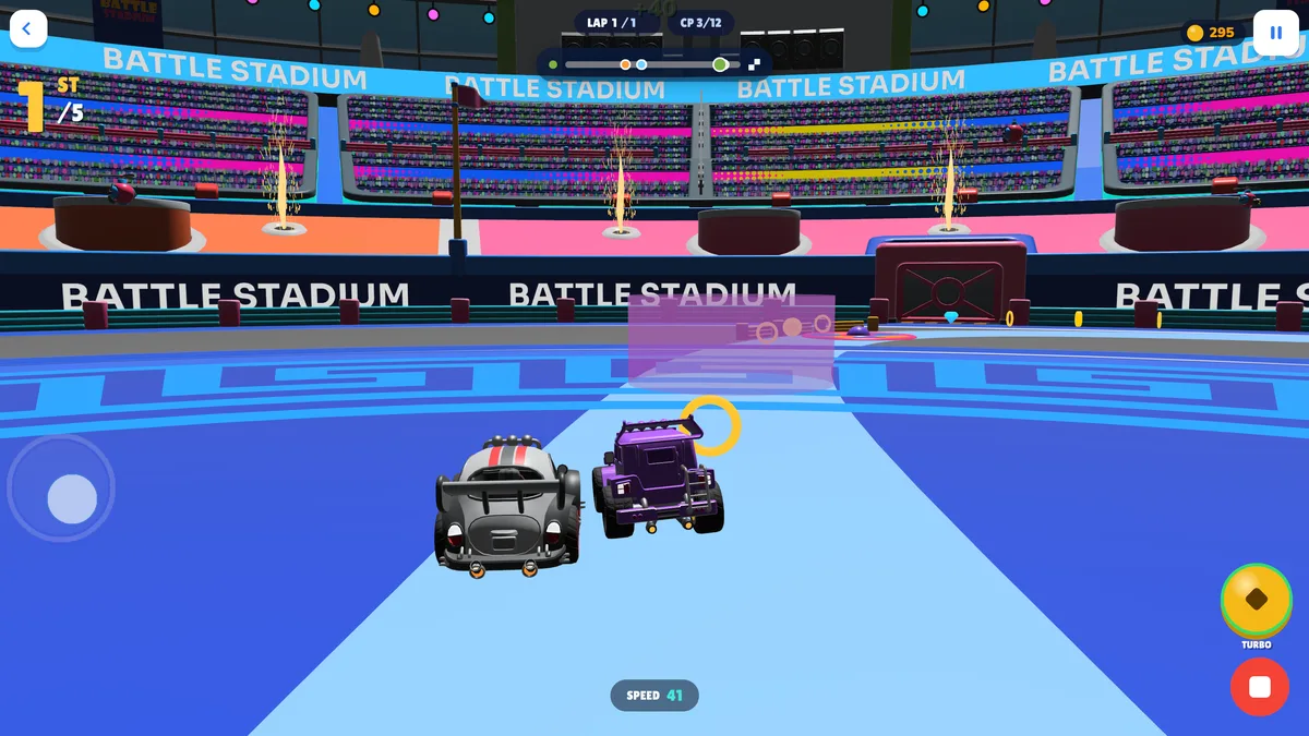 Two rival cars racing wheel to wheel down a blue straight, a gold ring between them.