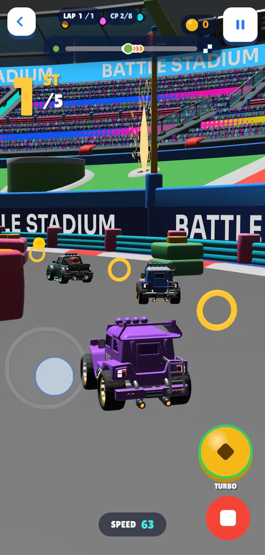 Portrait race view: lap and checkpoint counters up top, turbo dial bottom right.
