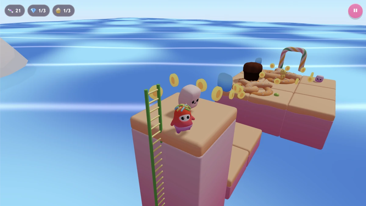 The player standing beside a freed marshmallow friend on a candy tower, a ladder up one side and a trail of gold sweets leading to the next island.