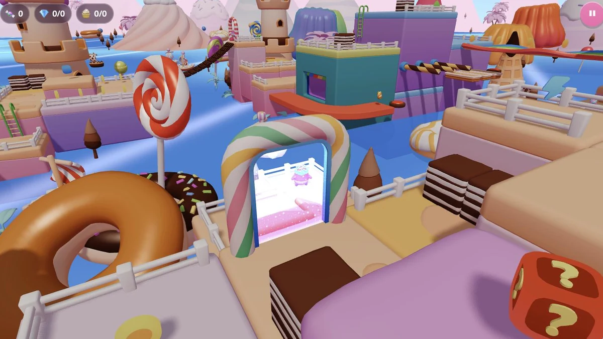 A dense candy landscape of lollipops, donuts, waffle towers and sugar castles over blue water, seen from above a striped candy archway.