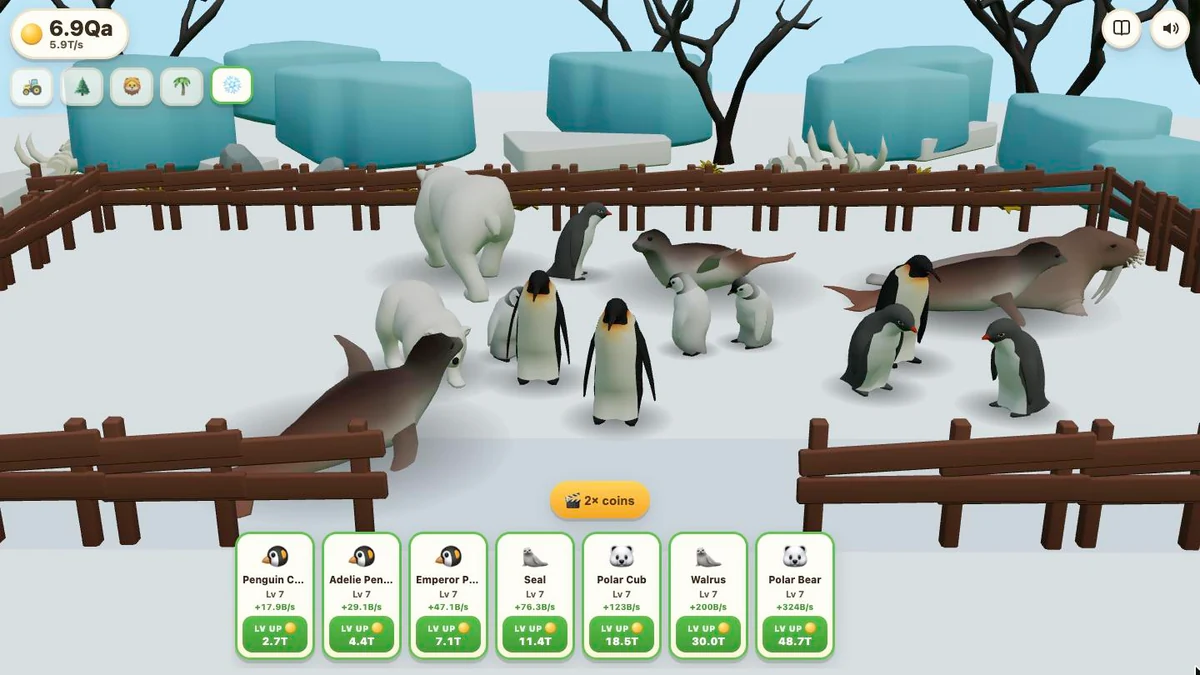 Tiny Zoo: the polar world, with penguins, seals, a walrus and two polar bears among ice floes.