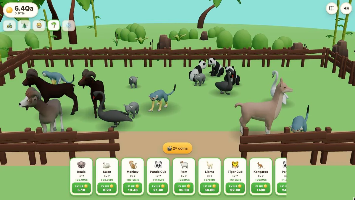 Tiny Zoo: a jungle pen with pandas, monkeys, a llama, rams, swans and koalas, and a rail of animal cards below.